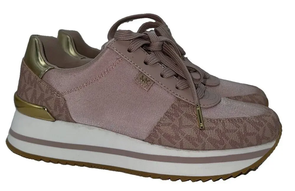 Michael Kors Allie Trainer Pink Gold Logo Platform Sneakers Women’s 6.5M